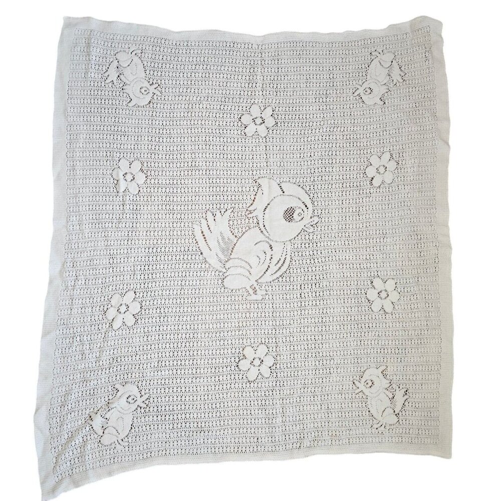 Vintage White Knit Baby Blanket Bird Flowers Open Knit Yellow Bird 32 X 35